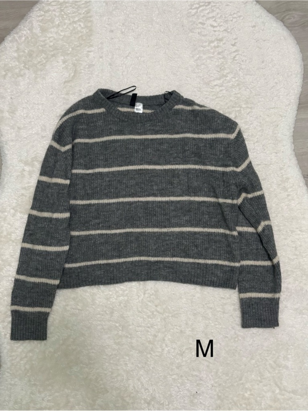 H&M Gray and Cream Striped Crewneck Sweater